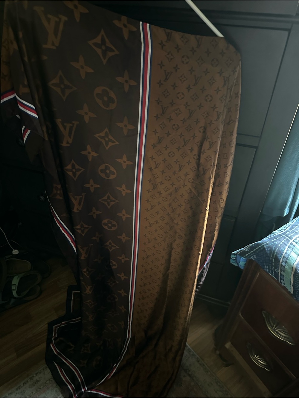 Brown Two-Tone Monogram Silk swimsuit, cover-up/moo moo with Red-White-Blue Trim - Picture 2 of 7